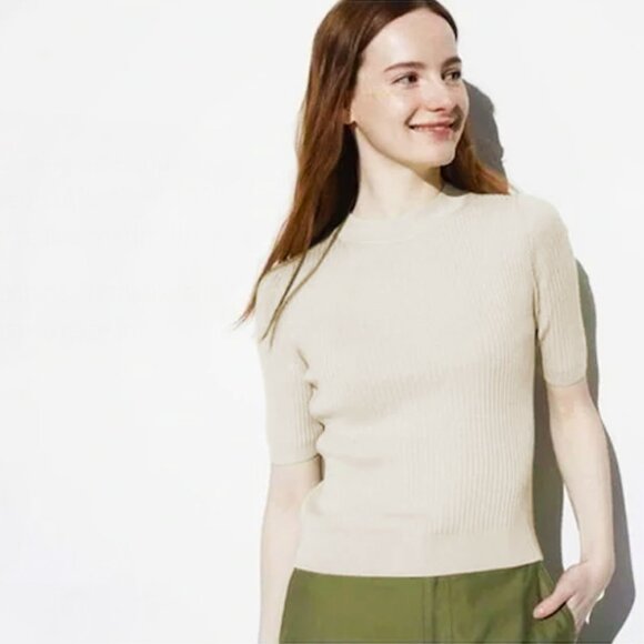 Uniqlo Mock Neck Half Sleeve Merino Ribbed Sweater - sz Medium - Picture 1 of 10